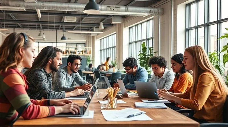 A photorealistic image of a diverse group of digital nomads working collaboratively in a modern, brightly lit coworking space. Some are on laptops, others are sketching or in discussion. The atmosphere is energetic yet focused, with natural light streaming in. Cinematic lighting, sharp focus on the individuals and their interactions, 8K hyper-detailed, professional photography, shot on a high-end DSLR.