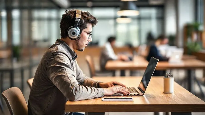 A photorealistic image of a minimalist, portable study setup on a wooden table in a brightly lit, modern co-working space, with a person wearing noise-canceling headphones, focused on a laptop screen. The background shows a subtle blur of other focused individuals. Cinematic lighting, sharp focus, depth of field, 8K hyper-detailed, professional photography.