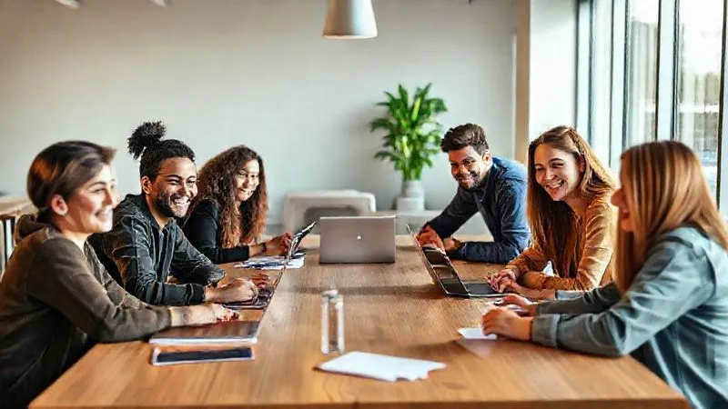 A photorealistic image of a diverse group of young, smiling digital nomads collaborating around a large table in a modern, sunlit co-working space. Some are looking at laptops, others are discussing notes, with a sense of camaraderie and shared purpose. Cinematic lighting, sharp focus, depth of field, 8K hyper-detailed, professional photography.