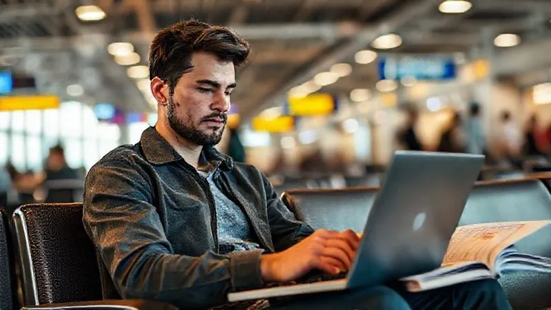 A photorealistic image of a digital nomad calmly working on a laptop in a somewhat chaotic, but temporary, environment like an airport lounge or a bus station, with a serene expression. A power bank is visible, and offline study materials are open. Cinematic lighting, sharp focus on the person, depth of field blurring the background, 8K hyper-detailed, professional photography.