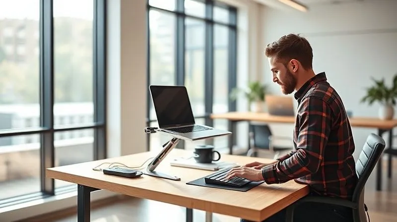 A photorealistic image of a digital nomad setting up a portable ergonomic workstation on a clean, minimalist wooden desk in a bright, airy co-working space. The nomad is placing a laptop on a stand, with an external keyboard and mouse. Natural light streams through a large window. Cinematic lighting, sharp focus on the workstation, depth of field blurring the background. 8K hyper-detailed, professional photography, shot on a high-end DSLR.