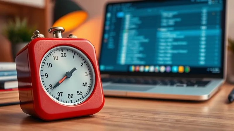 A photorealistic close-up of a vintage red Pomodoro timer ticking on a minimalist desk, with a blurred laptop screen displaying a task list in the background. The scene has warm, focused cinematic lighting, emphasizing the timer. Sharp focus on the timer, depth of field. 8K hyper-detailed, professional photography, shot on a high-end DSLR.
