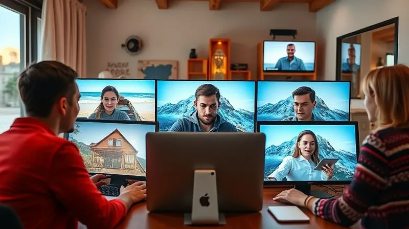 A photorealistic image of a diverse group of remote workers collaborating virtually on a video call, each in a different vibrant location (e.g., a beach, a mountain cabin, a city apartment). Their faces are visible on screens, showing engagement and focus. Cinematic lighting, sharp focus on the individual screens and faces, depth of field blurring the backgrounds. 8K hyper-detailed, professional photography, shot on a high-end DSLR.