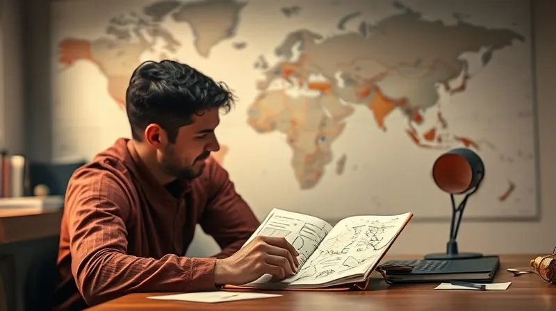 A photorealistic image of a digital nomad sitting at a desk, thoughtfully looking at a journal with handwritten notes and diagrams, representing reflection and planning. A world map is subtly blurred in the background. The scene is lit with soft, contemplative cinematic lighting, sharp focus on the journal. 8K hyper-detailed, professional photography, shot on a high-end DSLR.