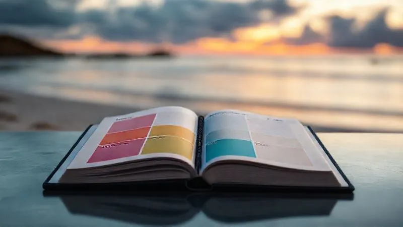 A photorealistic image of a minimalist digital planner open on a tablet, displaying color-coded blocks for 'Deep Work', 'Exploration', and 'Wellness' with a blurred background of a serene beach at sunset. Cinematic lighting, sharp focus on the tablet, 8K hyper-detailed.