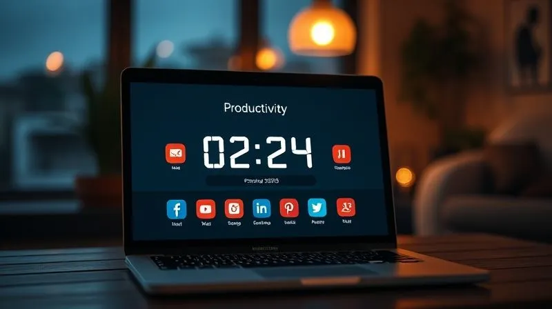 A photorealistic image of a digital nomad's laptop screen displaying a productivity app interface with a timer counting down, surrounded by blocked social media icons. The background shows a dimly lit, cozy co-working space at dusk, emphasizing a period of deep work. Cinematic lighting, sharp focus on the screen, depth of field blurring the background, 8K hyper-detailed, professional photography, shot on a high-end DSLR.