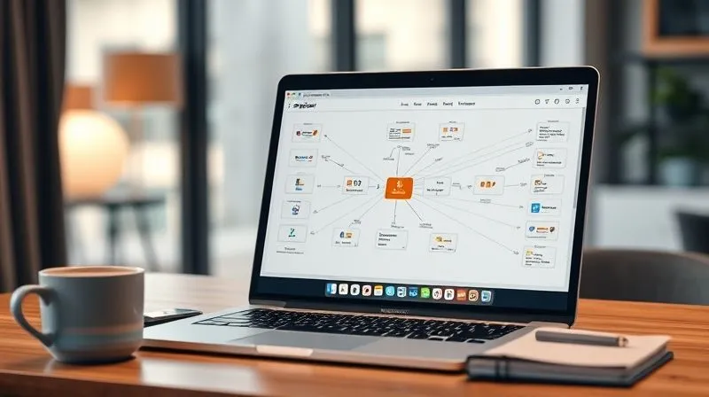 A photorealistic image of a digital nomad's desk with a laptop displaying a complex Zapier automation workflow diagram, showing various apps connected by lines. A coffee cup and a minimalist notebook are also on the desk. Cinematic lighting, sharp focus on the laptop screen, depth of field blurring a background of a modern apartment, 8K hyper-detailed, professional photography, shot on a high-end DSLR.