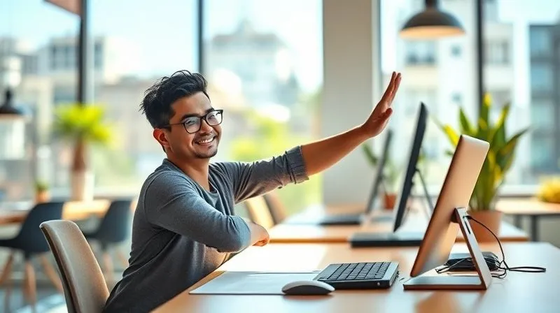 A photorealistic image of a digital nomad stretching gently in a vibrant, sunlit co-working space, with an ergonomic laptop setup (raised screen, external keyboard, mouse) visible on the desk. The nomad is smiling, representing well-being and balance. Cinematic lighting, sharp focus on the nomad, depth of field blurring the background, 8K hyper-detailed, professional photography, shot on a high-end DSLR.