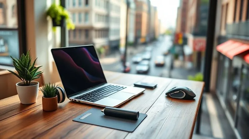A photorealistic image of a digital nomad's optimized workspace on a wooden table in a sunlit co-working space overlooking a bustling city street. The setup includes a sleek laptop, an ergonomic mouse, noise-cancelling headphones, and a small, potted plant. The focus is on the organized, efficient layout, with cinematic lighting highlighting the details and a blurred background suggesting the vibrant city life. 8K, professional photography, sharp focus, depth of field, shot on a high-end DSLR.