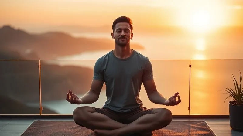 A photorealistic image of a digital nomad meditating peacefully at sunrise on a balcony overlooking a stunning landscape (e.g., mountains or ocean). The person is in a comfortable, relaxed pose, with soft, warm cinematic lighting bathing the scene. The focus is on the serene expression and the sense of calm, with a blurred background emphasizing the beauty of the location. 8K, professional photography, sharp focus, depth of field, shot on a high-end DSLR.