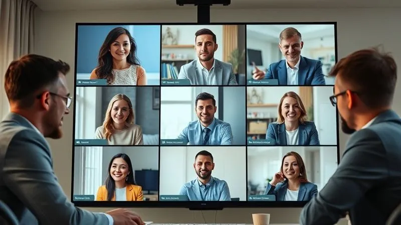 A photorealistic image of a diverse group of professionals engaged in a high-quality video conference call, each in a different remote setting (e.g., home office, co-working, hotel room), all looking focused and collaborative. The screen shows multiple video feeds, with clear, vibrant faces. Cinematic lighting, sharp focus on the interactions, depth of field blurring individual backgrounds subtly. 8K, professional photography, shot on a high-end DSLR, conveying seamless global collaboration.