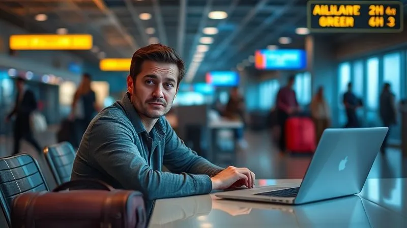 A photorealistic image of a digital nomad looking slightly overwhelmed but determined, sitting at a table in a bustling, vibrant airport lounge, surrounded by luggage and a laptop, cinematic lighting, sharp focus on the person, depth of field blurring the background, 8K hyper-detailed, professional photography, shot on a high-end DSLR.
