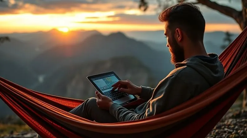 A photorealistic image of a digital nomad accessing cloud files on a sleek tablet, sitting comfortably in a hammock overlooking a stunning mountain vista at sunrise, cinematic lighting, sharp focus on the tablet and person, depth of field blurring the background, 8K hyper-detailed, professional photography, shot on a high-end DSLR.