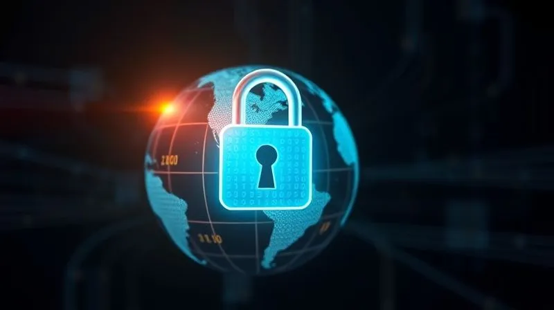 A photorealistic image of a glowing digital padlock icon superimposed over a stylized globe, with subtle lines representing data flow, set against a dark, tech-inspired background. Cinematic lighting, sharp focus on the padlock, depth of field, 8K hyper-detailed, professional photography, shot on a high-end DSLR.