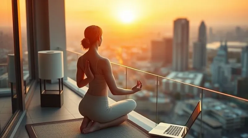 A photorealistic image of a digital nomad performing a gentle yoga pose on a balcony overlooking a sunrise over a bustling city, a laptop closed nearby. The scene is calm and focused, emphasizing morning ritual and mindfulness. Cinematic lighting, sharp focus on the nomad, depth of field blurring the city. 8K hyper-detailed, professional photography, high-end DSLR.