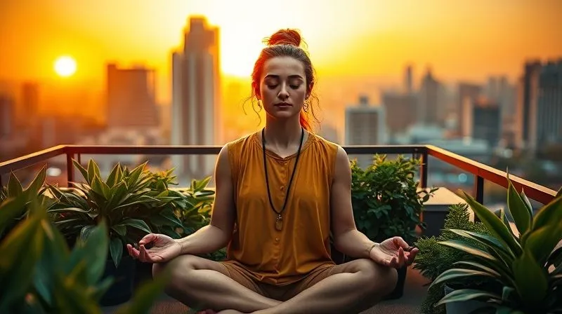 A photorealistic image of a digital nomad meditating peacefully on a rooftop terrace in a vibrant city, surrounded by lush green plants. The sun is setting, casting a warm, golden light. Focus is on the serene expression of the nomad, with the city lights subtly blurred in the background. Cinematic lighting, 8K hyper-detailed, professional photography, high-end DSLR.