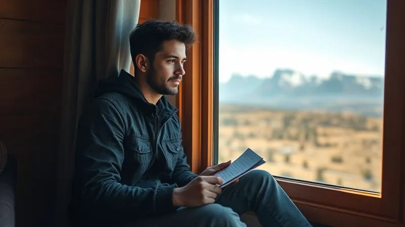 A photorealistic image of a digital nomad sitting by a window, looking out thoughtfully at a distant mountain range, holding a journal and a pen. The scene evokes reflection and planning. Cinematic lighting, sharp focus on the thoughtful expression, depth of field blurring the distant landscape. 8K hyper-detailed, professional photography, high-end DSLR.