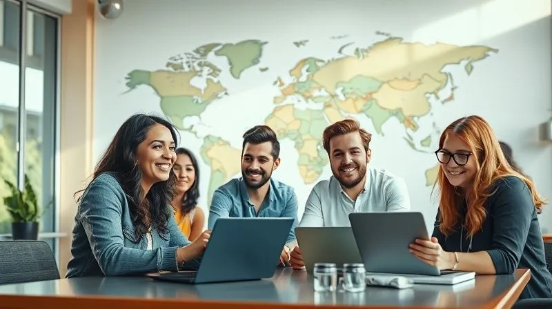 A photorealistic image of a diverse group of digital nomads, smiling and engaged, working and socializing in a modern, sunlit co-working space, with a large world map on the wall. The scene radiates collaboration, inspiration, and productivity. Cinematic lighting, sharp focus on the group, depth of field blurring the background. 8K hyper-detailed, professional photography, high-end DSLR.