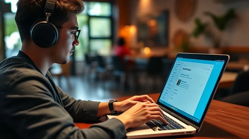 A photorealistic, professional photography, 8K image of a focused digital nomad, mid-20s, with headphones, quickly typing on a sleek laptop in a vibrant co-working space in Bali. Their screen shows a project management interface with several completed tasks. Cinematic lighting emphasizes the speed and efficiency of their work, sharp focus on the hands and screen, depth of field blurring the background, shot on a high-end DSLR.
