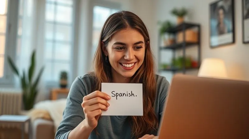 A photorealistic, professional photography, 8K image of a cheerful digital nomad, mid-30s, teaching a Spanish lesson online via video call from a brightly lit apartment in Barcelona. They are holding a small whiteboard with a verb conjugation. Cinematic lighting illuminates their face, sharp focus on the nomad and the laptop screen, depth of field blurring the background, shot on a high-end DSLR.