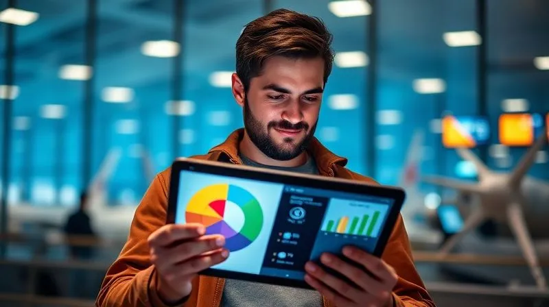A photorealistic, professional photography, 8K image of a digital nomad, mid-30s, with a calm and confident expression, looking at a tablet displaying a pie chart of diversified income streams. In the background, there's a blurred view of a bustling international airport, symbolizing travel and global opportunities. Cinematic lighting, sharp focus on the nomad and tablet, depth of field blurring the background, shot on a high-end DSLR.