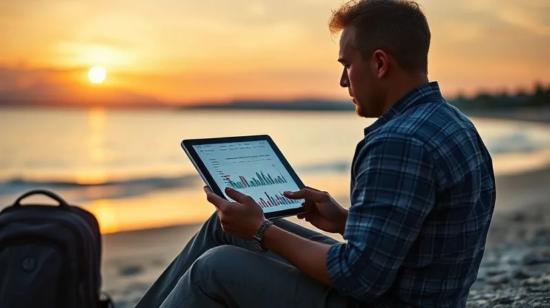A photorealistic, professional photography, 8K image of a calm and prepared digital nomad, mid-30s, reviewing a detailed financial spreadsheet on a tablet while sitting by a serene beach at sunset. A small, neatly packed backpack is beside them. Cinematic lighting, sharp focus on the nomad and tablet, depth of field blurring the background, shot on a high-end DSLR.
