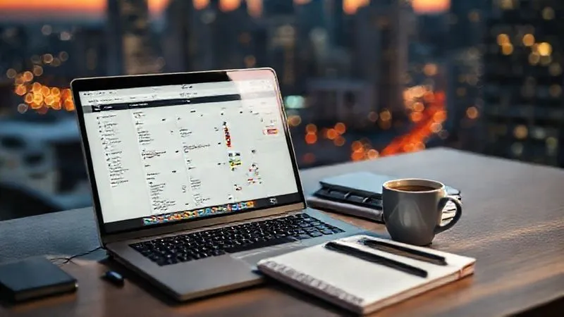 A photorealistic, professional photography image of a digital nomad's organized desk, with a laptop displaying a task management app, a minimalist planner open, and a cup of coffee. The background is a blurred, vibrant cityscape at dusk. Cinematic lighting, sharp focus on the organized tools, depth of field. 8K hyper-detailed, conveying a sense of calm control amidst a busy life.