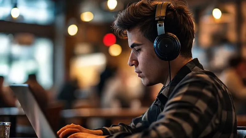 A photorealistic, professional photography image of a person wearing noise-canceling headphones, intensely focused on their laptop screen in a bustling yet blurred cafe environment. The lighting is soft and inviting, highlighting the individual's concentration. Sharp focus on the person and their laptop, depth of field blurring the background activity. 8K hyper-detailed, conveying deep work amidst potential distractions.