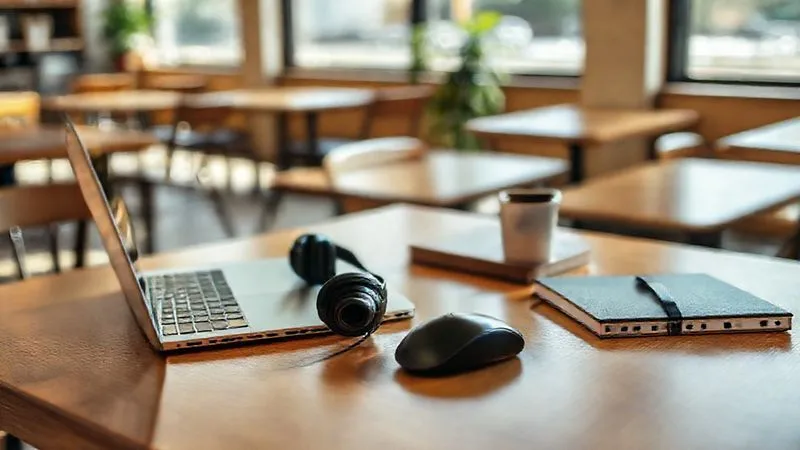 A photorealistic image of a minimalist, highly organized portable digital nomad workspace setup on a clean wooden table in a sunlit cafe, featuring a sleek laptop, noise-cancelling headphones, a small ergonomic mouse, and a travel-sized notebook. Cinematic lighting, sharp focus on the setup, depth of field blurring the cafe background. 8K hyper-detailed, professional photography.