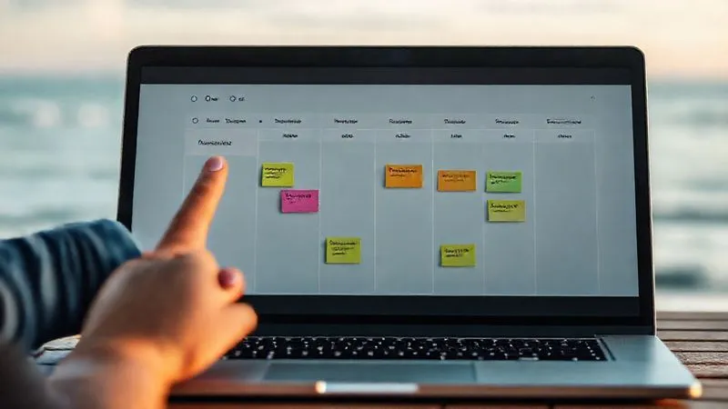 A photorealistic image of a digital Kanban board on a laptop screen, showing tasks categorized into 'To Do', 'In Progress', and 'Done' columns, with colorful sticky notes representing various projects. A hand is about to drag a task from 'To Do' to 'In Progress'. The background is a softly blurred view of a tranquil beach. Cinematic lighting, sharp focus on the laptop screen, 8K hyper-detailed, professional photography.