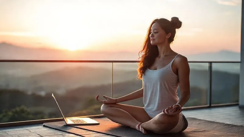 A photorealistic image of a digital nomad practicing mindful meditation on a yoga mat on a balcony overlooking a stunning natural landscape at sunrise. Her laptop is closed and placed neatly beside her, symbolizing disconnection. Soft, warm cinematic lighting, sharp focus on the person, depth of field blurring the background. 8K hyper-detailed, professional photography.