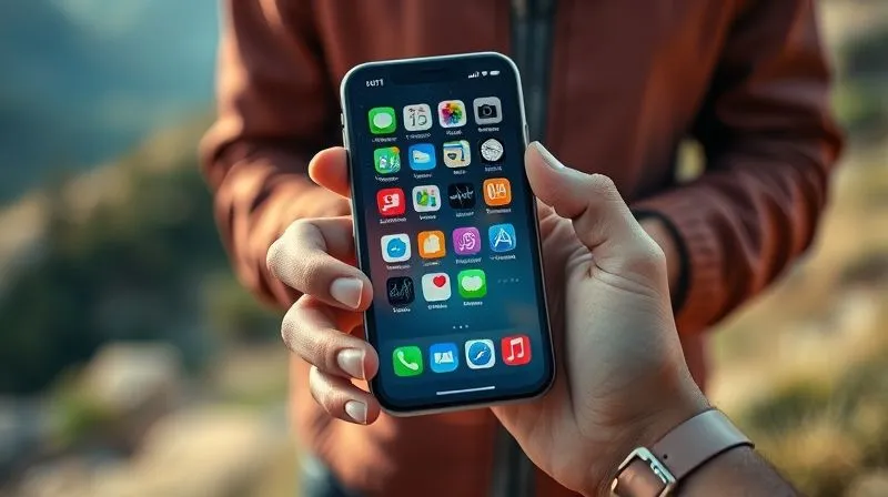 A photorealistic image of a person's hands holding a smartphone, with a diverse set of app icons on the screen, some highlighted with a 'download' or 'offline' symbol, against a blurred background of a remote, natural landscape. The image uses cinematic lighting, sharp focus on the phone, and depth of field, 8K hyper-detailed, shot on a high-end DSLR.