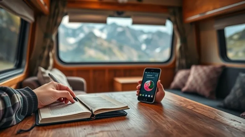 A photorealistic image of a digital nomad's hand taking notes in a journal next to a smartphone displaying an educational app, all on a rustic wooden table inside a cozy, well-lit camper van. Outside the window, a beautiful, remote mountain landscape is visible, suggesting freedom and self-sufficiency. Cinematic lighting, sharp focus on the journal and phone, depth of field blurring the background, 8K hyper-detailed, shot on a high-end DSLR.