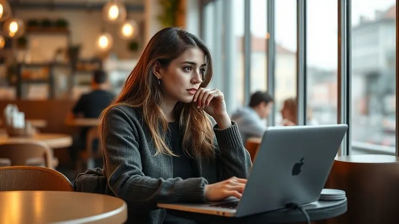 A photorealistic, professional photography image of a digital nomad, a young woman with a thoughtful expression, sitting in a vibrant co-working cafe in Lisbon, her laptop open but her gaze fixed on a distant view, symbolizing deep contemplation and continuous learning. There's a subtle blur in the background, highlighting her focused yet open posture. 8K, cinematic lighting, sharp focus, depth of field, shot on a high-end DSLR.