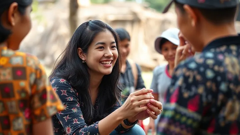 A photorealistic, professional photography image of a digital nomad, a young woman, actively participating in a local community project in Southeast Asia, perhaps teaching children or collaborating with locals on an environmental initiative. She is smiling, engaged, and surrounded by people from different cultural backgrounds. The scene is vibrant, authentic, and conveys a sense of connection and purpose. 8K, cinematic lighting, sharp focus on the interaction, depth of field, shot on a high-end DSLR.