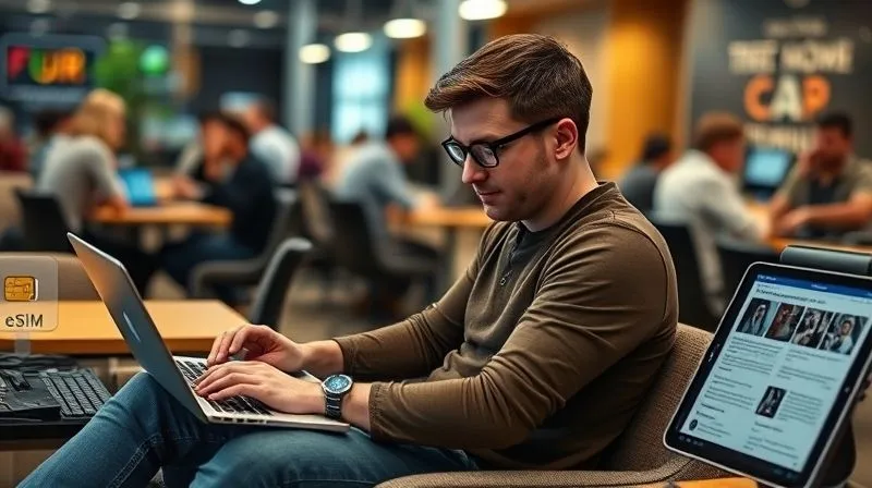 A photorealistic image of a digital nomad sitting in a bustling co-working space, looking relieved as their laptop shows a stable internet connection. They have multiple devices around them, including a smartphone with an eSIM icon, a portable router, and a tablet displaying downloaded course materials. The background is slightly blurred with other people working, but the nomad is in sharp focus, demonstrating calm amidst connectivity challenges. Cinematic lighting, 8K, shot on a high-end DSLR.