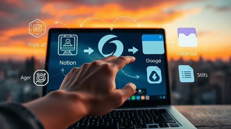 A photorealistic image of a digital nomad's hand hovering over a keyboard, with multiple interconnected digital tools and applications displayed on a holographic interface above the laptop. Arrows and lines visually represent data flowing between Notion, Google Drive, and a calendar app, symbolizing automation and integration. The background is a blurred cityscape at sunset, suggesting efficiency and freedom. Cinematic lighting, 8K, shot on a high-end DSLR.