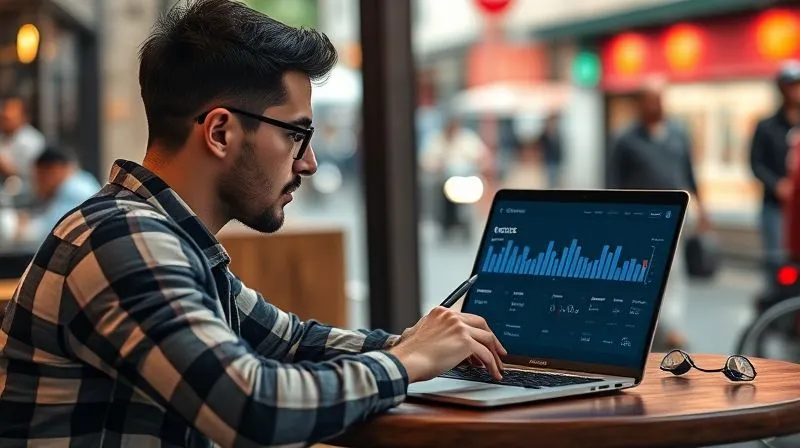 A photorealistic image of a digital nomad sitting in a cafe, thoughtfully reviewing a digital dashboard on their laptop screen. The dashboard displays metrics like 'Productivity Score', 'Tool Usage Efficiency', and 'Learning Progress'. They are holding a pen, indicating active analysis and adjustment. The background is a softly blurred, vibrant street scene, reflecting the dynamic nature of their life. Cinematic lighting, 8K, shot on a high-end DSLR.