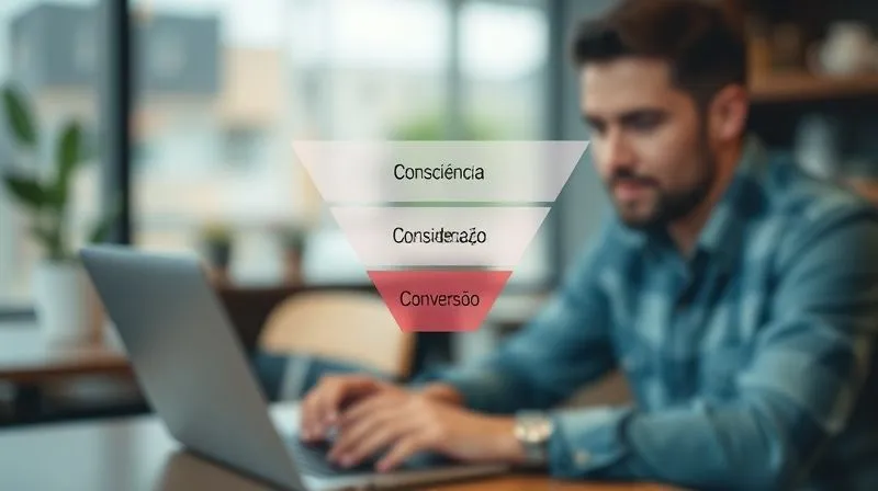 A photorealistic, professional photography of a sales funnel diagram, with distinct layers labeled 'Consciência', 'Consideração', 'Conversão', set against a blurred background of a digital nomad working on a laptop in a cafe. Cinematic lighting, sharp focus on the funnel, depth of field blurring the background, 8K hyper-detailed.