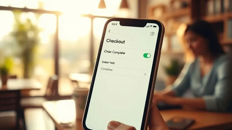 A photorealistic image of a clean, minimalist e-commerce checkout page on a smartphone, with a green checkmark next to 'Order Complete'. The background is a blurred, sun-drenched cafe interior with a person working on a laptop. Cinematic lighting, sharp focus on the phone screen, depth of field blurring the background, 8K hyper-detailed.