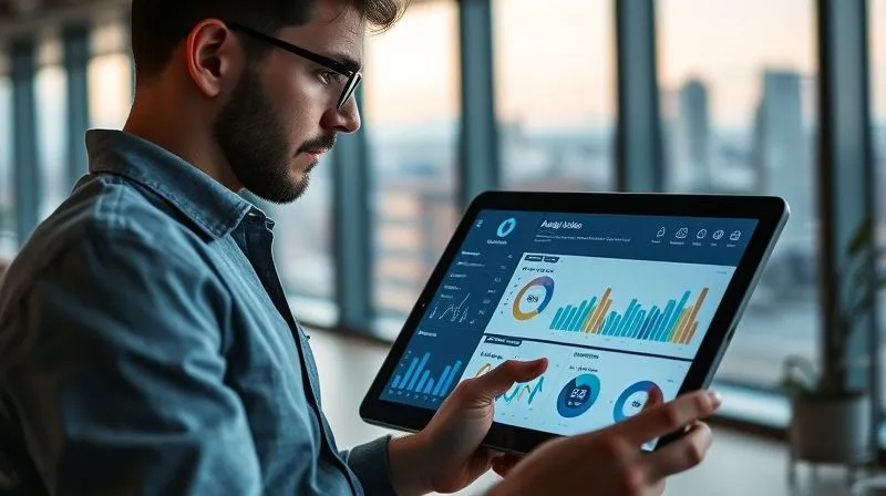 A photorealistic, professional photography of a digital nomad looking at a tablet displaying complex data analytics dashboards (charts, graphs, conversion rates). The background is a modern co-working space with large windows overlooking a city. Cinematic lighting, sharp focus on the tablet and nomad's face, depth of field blurring the background, 8K hyper-detailed.