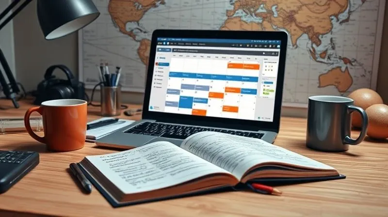 A photorealistic image of a digital nomad's desk, highly organized, with a laptop displaying a calendar and campaign planning software, a notebook with handwritten notes, a travel mug, and a map in the background. Cinematic lighting, sharp focus on the organized desk, depth of field. Shot on a high-end DSLR, 8K, professional photography.