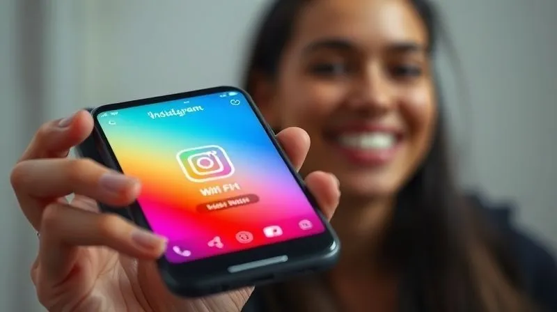 A photorealistic image of a smartphone screen displaying a crisp, fast-loading Instagram ad, with a subtle Wi-Fi signal icon showing full bars. The ad features vibrant colors and clear text. In the background, a person is smiling while holding the phone. Cinematic lighting, sharp focus on the phone screen, depth of field. Shot on a high-end DSLR, 8K, professional photography.