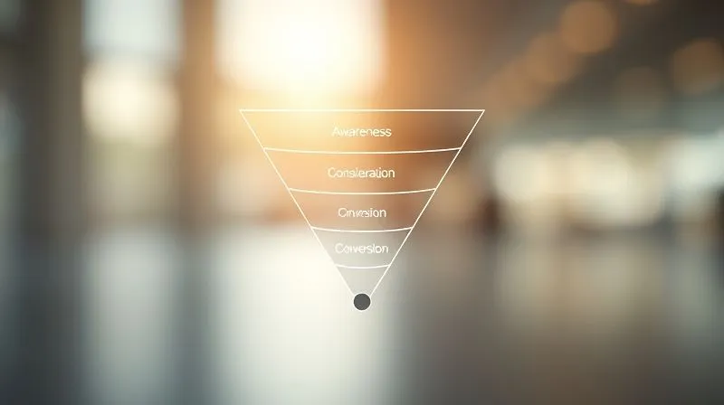 A photorealistic and clean diagram of a digital sales funnel, starting broad at the top (Awareness), narrowing down through Consideration, and leading to Conversion at the bottom. The funnel is depicted with smooth, flowing lines, suggesting an automated process. Cinematic lighting, sharp focus on the diagram, depth of field. Shot on a high-end DSLR, 8K, professional photography.