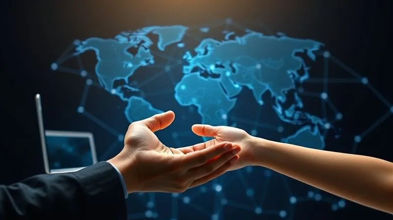 A photorealistic image depicting a global network of interconnected devices (laptops, smartphones) with subtle lines of data flowing between them, symbolizing communication and collaboration. In the foreground, a hand is reaching out to connect with another hand, representing community support. Cinematic lighting, sharp focus on the network and hands, depth of field. Shot on a high-end DSLR, 8K, professional photography.