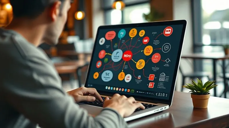 A photorealistic image showing a digital nomad at a cafe, using a laptop. On the screen, a vibrant Miro board with interconnected ideas, mind maps, and a flow of information. The nomad is engaged, with subtle cinematic lighting. Sharp focus on the screen and the nomad's hands, depth of field blurring the cafe background. 8K hyper-detailed, professional photography.