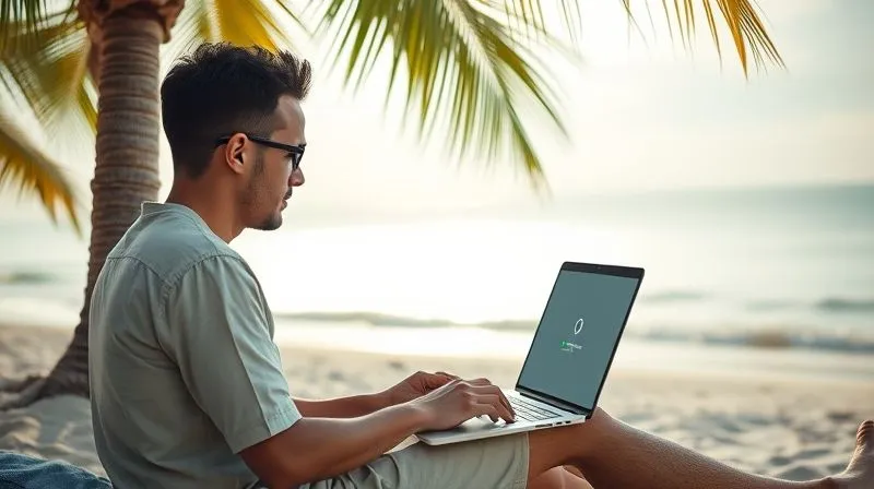 A photorealistic image of a digital nomad sitting under a palm tree on a beach, working on a laptop. The laptop screen shows a minimalist, clean Miro board loading quickly, indicating optimized performance. The background is a slightly blurred tropical beach with soft cinematic lighting. Sharp focus on the laptop and the nomad's hands. 8K hyper-detailed, professional photography.