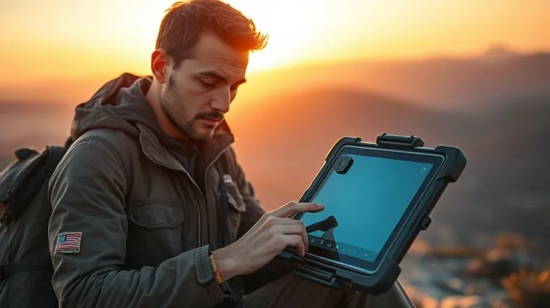 A photorealistic image of a digital nomad, looking determined and focused, making adjustments on a Miro board displayed on a rugged tablet, perhaps in a remote, beautiful location. The setting sun provides cinematic lighting, highlighting the details of the tablet and the nomad's thoughtful expression. Sharp focus on the tablet and the nomad, depth of field blurring the distant landscape. 8K hyper-detailed, professional photography.