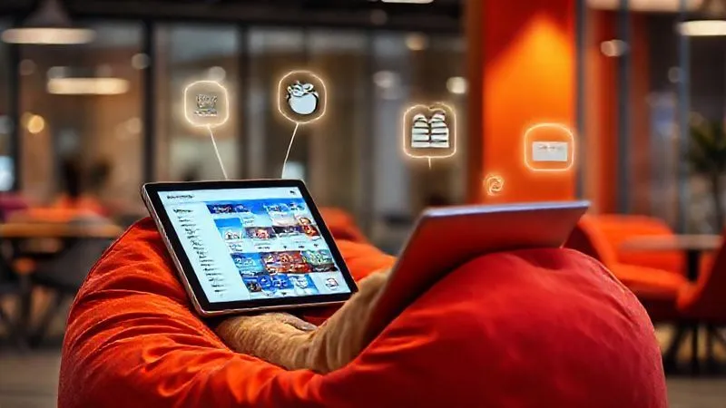 A photorealistic image of a digital nomad sitting comfortably on a bean bag chair in a vibrant co-working space, intently researching MOOCs on a sleek tablet. The tablet screen shows a search interface with various university logos and course titles, while subtle, glowing icons representing different online learning platforms (Coursera, edX, Udemy) float metaphorically around the screen. Cinematic lighting, sharp focus on the nomad and tablet, depth of field blurring the modern background, 8K hyper-detailed. The scene conveys focused learning and strategic choice.