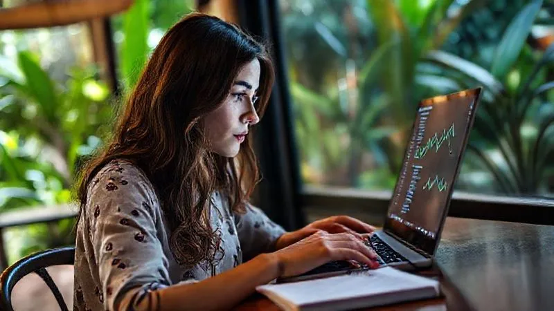 A photorealistic image of a digital nomad, Sofia, intensely focused on her laptop screen, displaying lines of Python code and a data visualization chart. She is sitting in a vibrant, yet quiet, cafe in Bali, surrounded by lush greenery visible through a window. A cup of coffee and a notebook with handwritten notes are beside her. Cinematic lighting highlights her concentration, sharp focus on her face and the screen, depth of field blurring the background subtly, 8K hyper-detailed. The scene evokes practical application and deep work.
